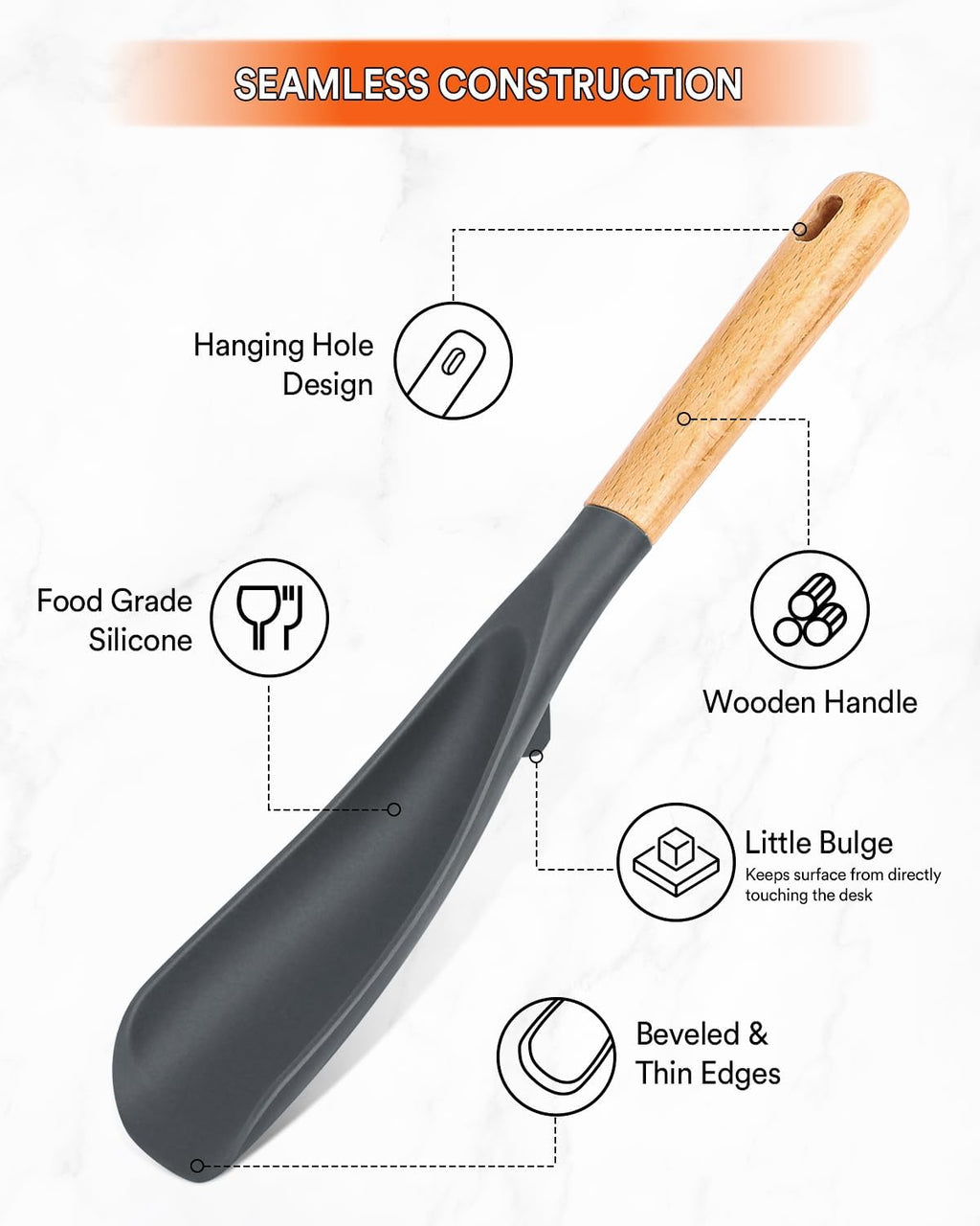 Cooking Spoon for Nonstick Cookwares  Great for Cooking and Serving Sturdy BPA-Free Matte Silicone  Wood Handle Spoon for Mixing  Scoop  and Scrape (Black & Grey  11.4 inch)