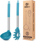 Silicone Pasta Fork and Ladle Spoon Set  Large Non Stick Kitchen Utensils for Cooking Stirring Serving Spaghetti  Soup  Sauce (BLUE)