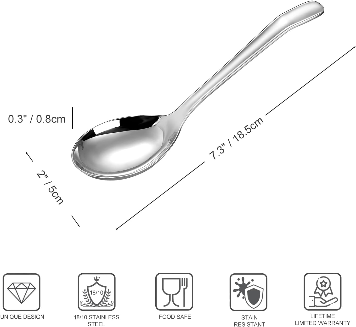 KEAWELL Premium 7.3 Inches Soup Spoons with Hook Handle  Set of 4  18/10 Stainless Steel  Deep Bowl  Perfect for Ramen  Pho  Miso  Dumplings  Noodles  Wonton  Dishwasher Safe (Curved-Handle)