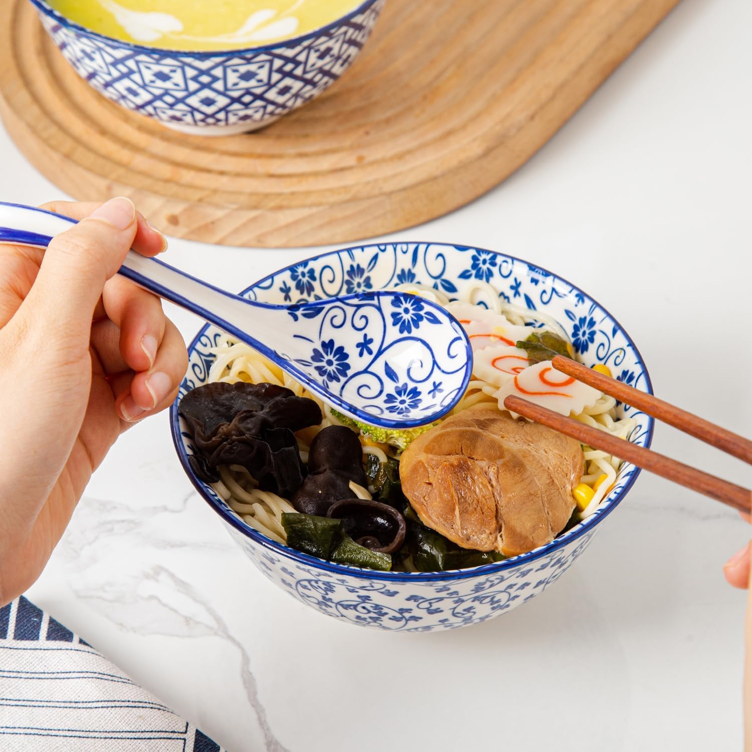 Ceramic Asian Soup Spoon - 6.3 Inch Chinese Soup Spoons Japanese Ramen Spoons for Pho Dumplings Wonton Miso Cereal Stews Noodles - Set of 6 - Vintage Blue