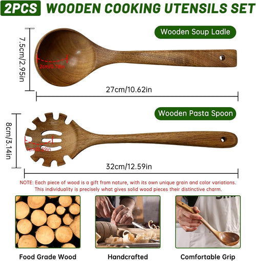 2PCS Wooden Ladle Set  wood ladle and Wooden Pasta Spoon with Hole  Durable Natural Wood  Non Scratch Cooking Tools for Soup  Pasta and Stirring
