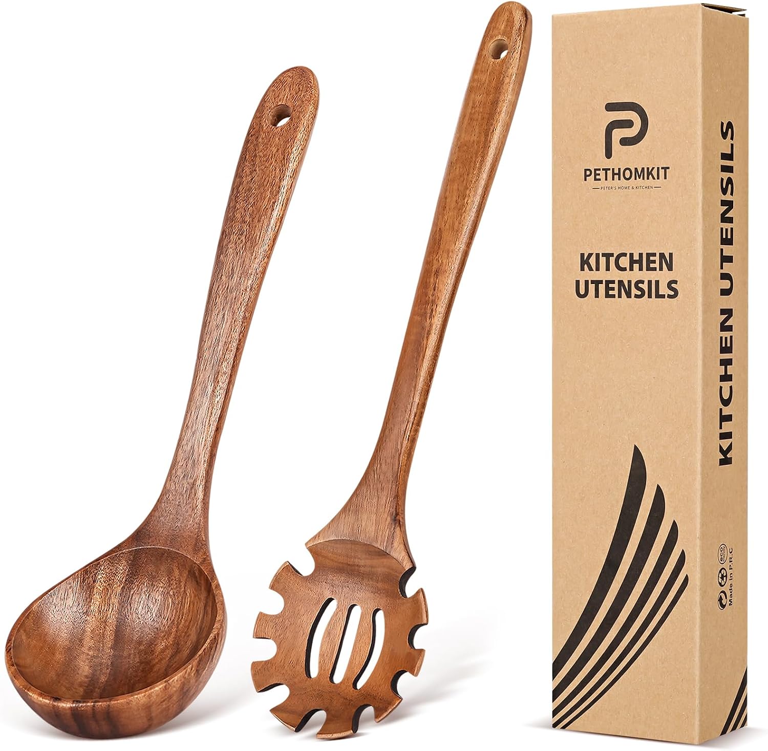 Wooden Spoons for Cooking 2 Pcs Wooden Utensil Set of Soup Ladle &Spaghetti Pasta Spoon with Teeth  Teak Wood Soup Ladle&Slotted Pasta Fork Strainer Spoon Set for Serving Collecting Noodle Gravy Sauce