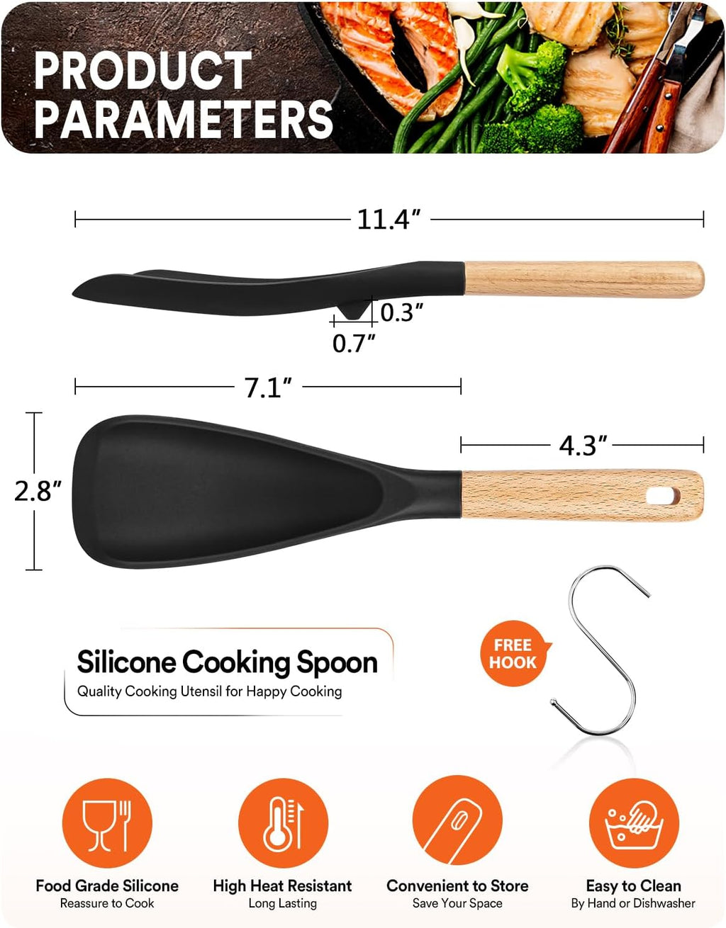 Cooking Spoon for Nonstick Cookwares  Great for Cooking and Serving Sturdy BPA-Free Matte Silicone  Wood Handle Spoon for Mixing  Scoop  and Scrape (BLACK  11.4 inch)