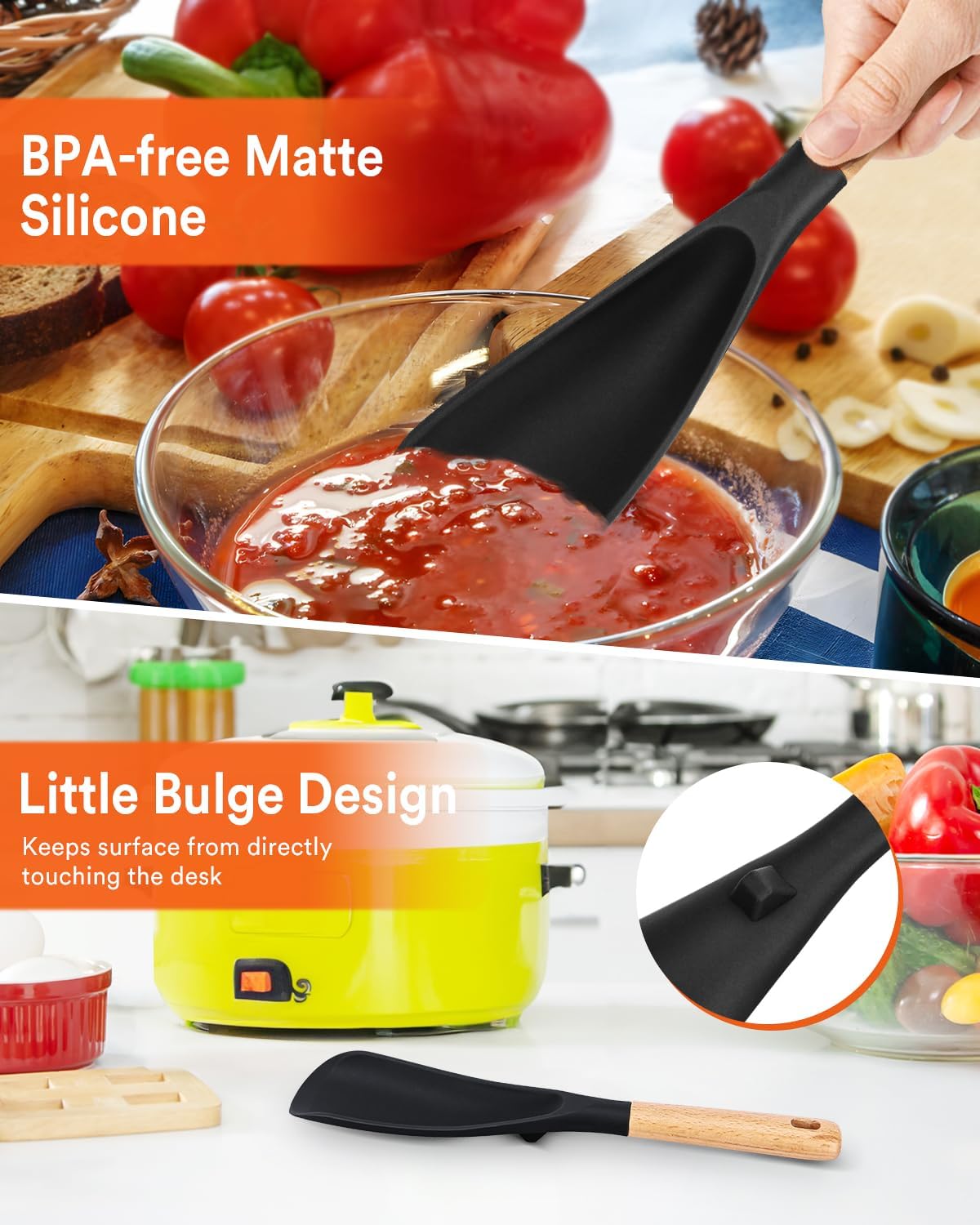 Cooking Spoon for Nonstick Cookwares  Great for Cooking and Serving Sturdy BPA-Free Matte Silicone  Wood Handle Spoon for Mixing  Scoop  and Scrape (BLACK  11.4 inch)
