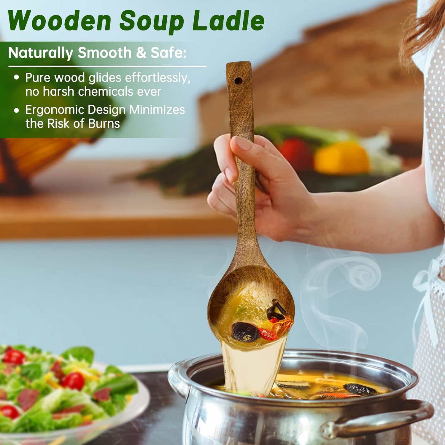 2PCS Wooden Ladle Set  wood ladle and Wooden Pasta Spoon with Hole  Durable Natural Wood  Non Scratch Cooking Tools for Soup  Pasta and Stirring