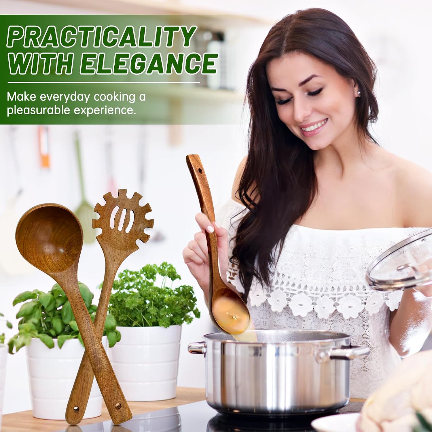 2PCS Wooden Ladle Set  wood ladle and Wooden Pasta Spoon with Hole  Durable Natural Wood  Non Scratch Cooking Tools for Soup  Pasta and Stirring