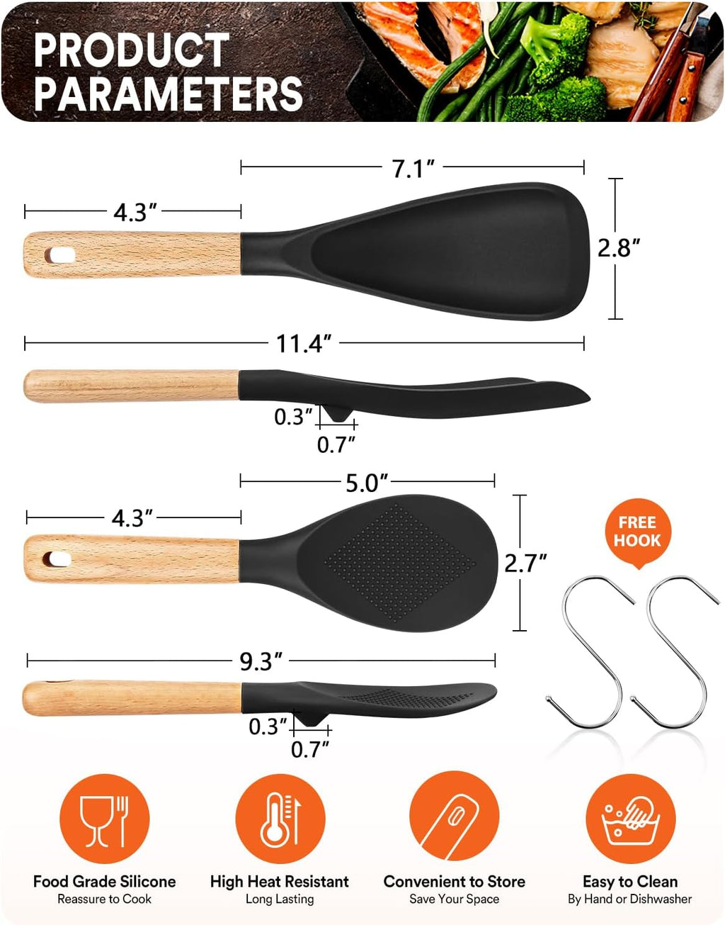 Cooking Spoon and Rice Scooper for Nonstick Cookwares  Great for Cooking and Serving Sturdy BPA-Free Matte Silicone  Wood Handle Spoon for Mixing  Scoop  and Scrape (Black)
