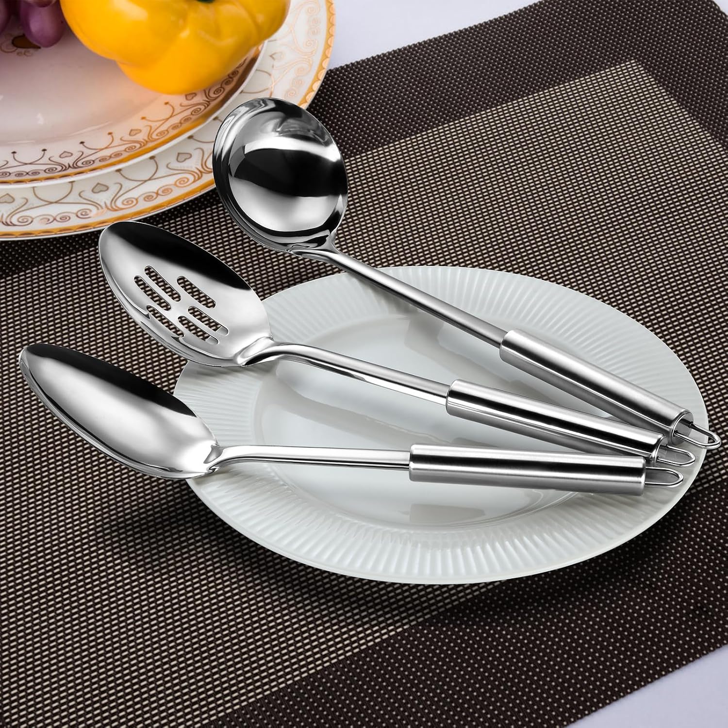 Pleafind Serving Utensils Set for Parties 3-Piece Silver Stainless Steel utensils set Includes 1 Serving Spoon  1 Slotted Spoon and 1 Soup Ladle Serving Spoons for Buffet