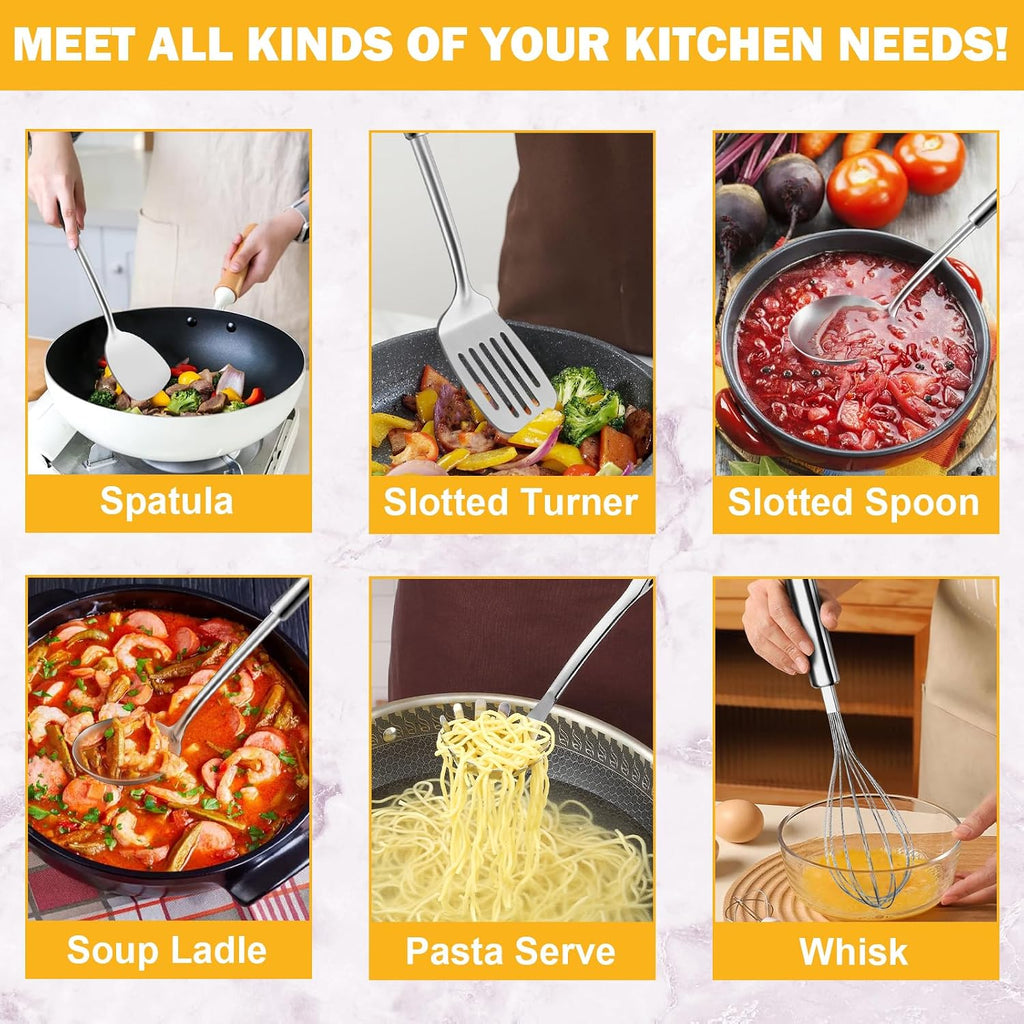 6-Piece Kitchen Cooking Utensils Set  Stainless Steel Kitchen Utensils with Suspendable Handle  Spatula  Slotted Turner  Soup Ladle  Slotted Spoon  Whisk  Pasta Server  Dishwasher Safe