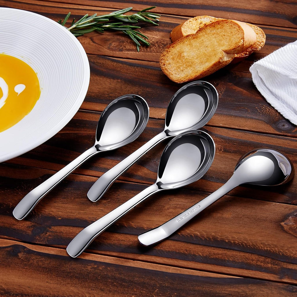 KEAWELL Premium 7.3 Inches Soup Spoons with Hook Handle  Set of 4  18/10 Stainless Steel  Deep Bowl  Perfect for Ramen  Pho  Miso  Dumplings  Noodles  Wonton  Dishwasher Safe (Curved-Handle)